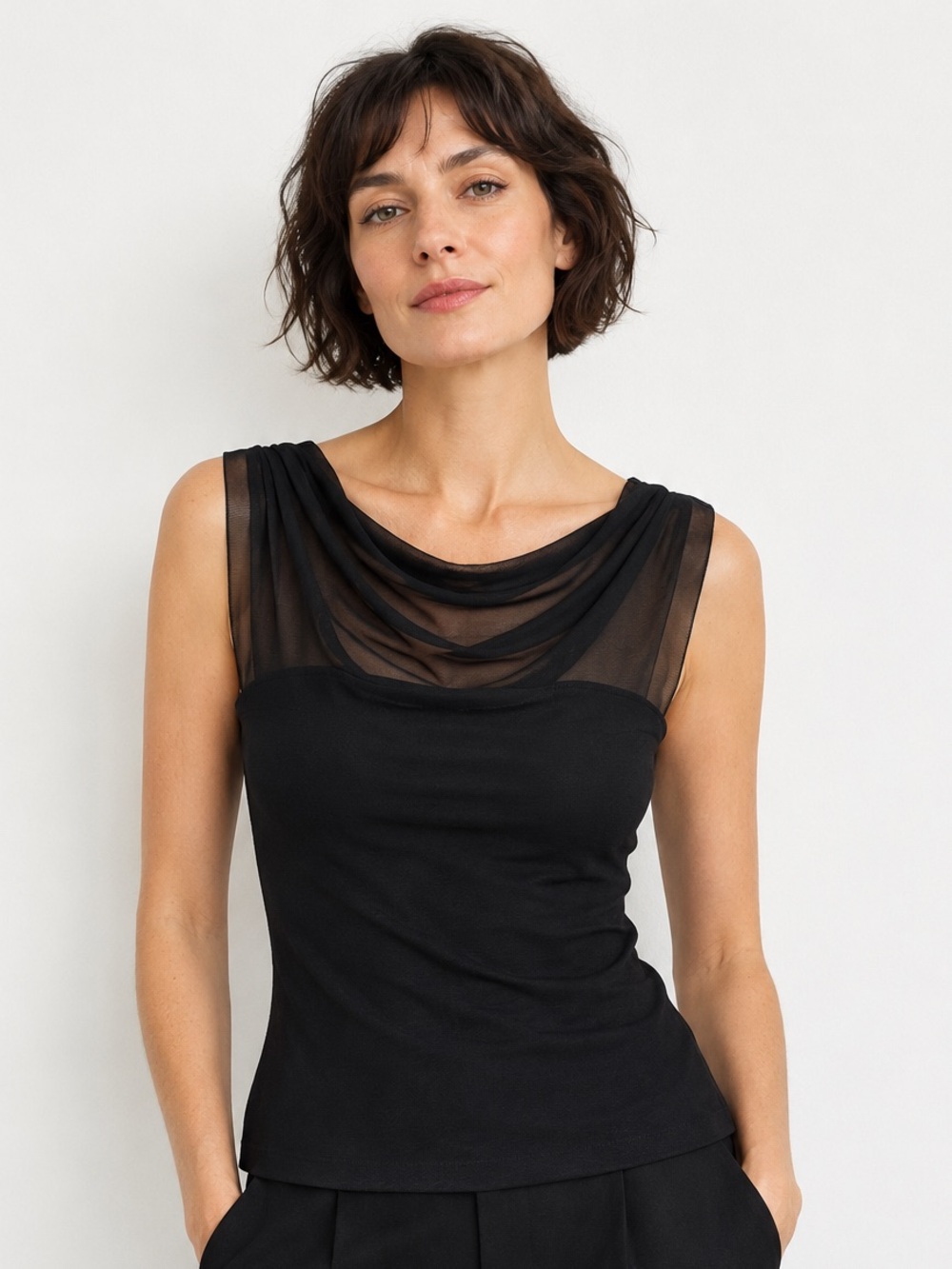 Marcella NYC Black Mesh Draped Cowl Neck Top Size L